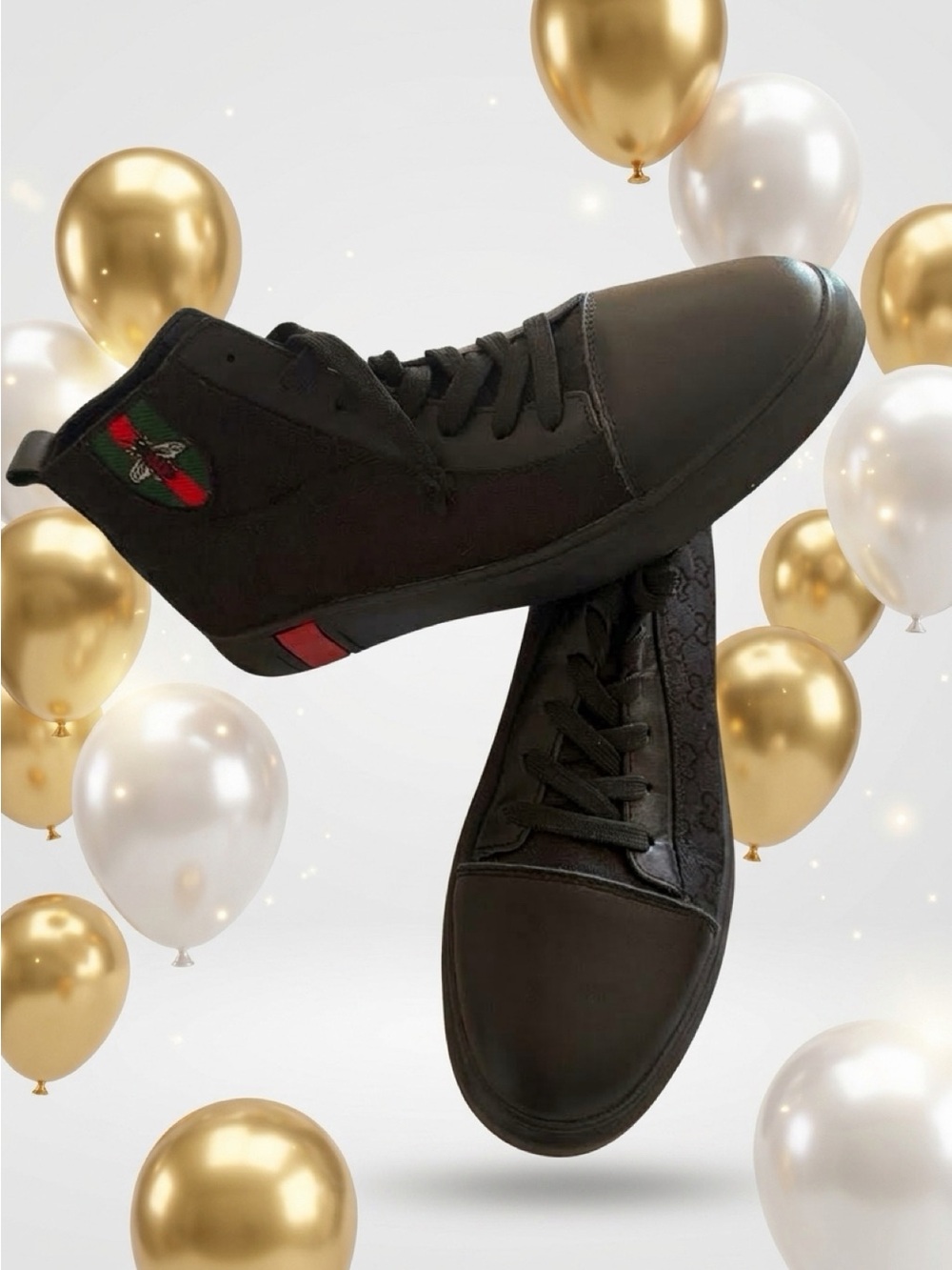 Black High-Top Lace-Up Sneakers with Subtle Embossed Pattern